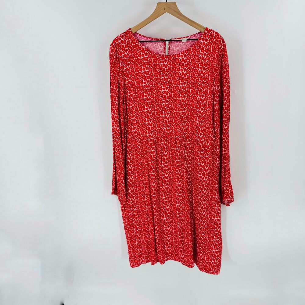 Boden Red Floral Long Sleeve‎ Shift Dress Size 20/22R Boho Midi Workwear